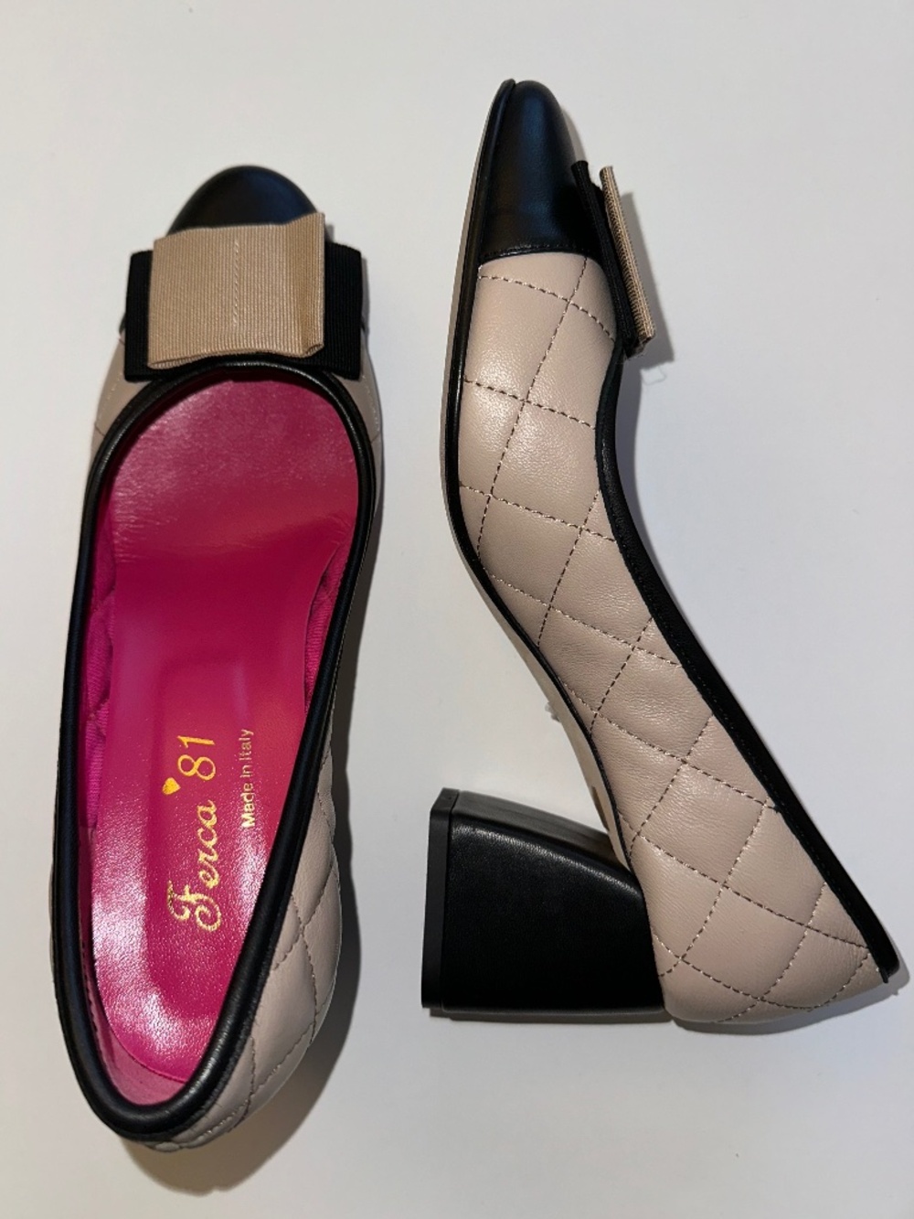 Beige and black cap toe quilted leather block heel pump size 38 Ferca 81